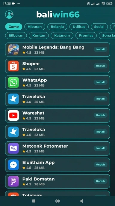 Tampilan katalog aplikasi baliwin66